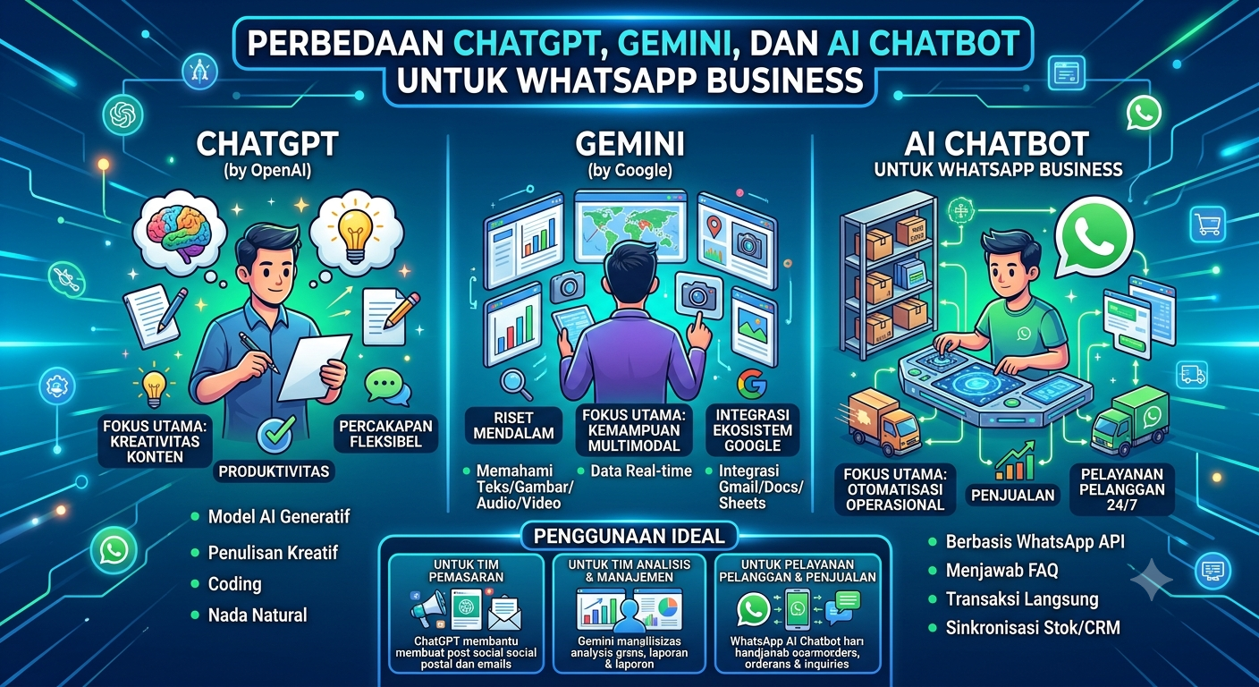 Perbedaan ChatGPT, Gemini, dan AI Chatbot untuk WhatsApp Business