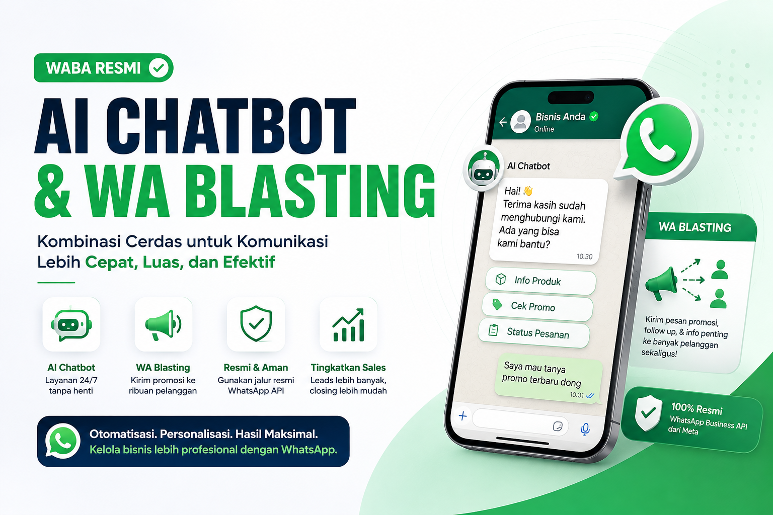 AI Chatbot WhatsApp & WA Blasting Resmi: Kombinasi yang Bikin Penjualan Lebih EfektifAI Chatbot WhatsApp & WA Blasting Resmi: Kombinasi yang Bikin Penjualan Lebih Efektif